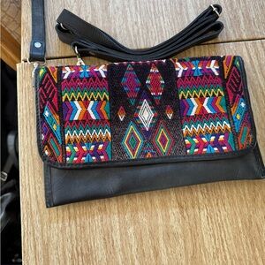 Colorful Black Leather Geometric Emb. Pattern Clutch. 11" Long 7" W.  W/strap